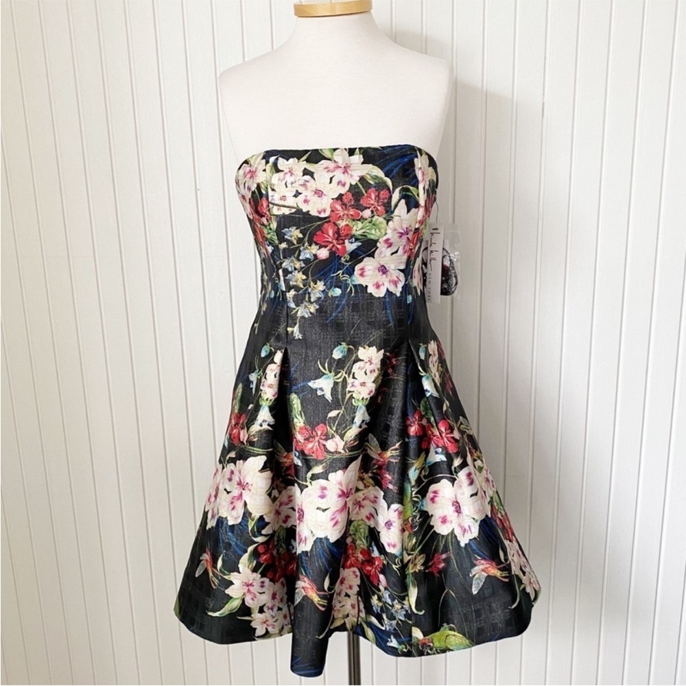 NWT Nicole Miller New York Strapless Black & Floral Circle Party Dress Size 14
